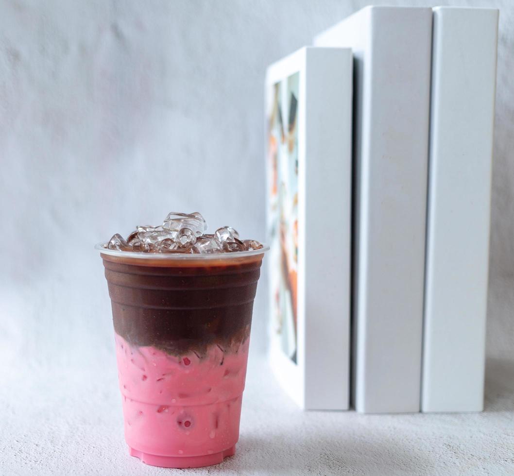 Product Cold drink menu of smoothly mixed cocoa chocolate Strawberry drinks in a plastic glass. photo