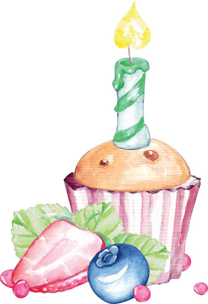 cupcake con vela de cumpleaños en acuarela png