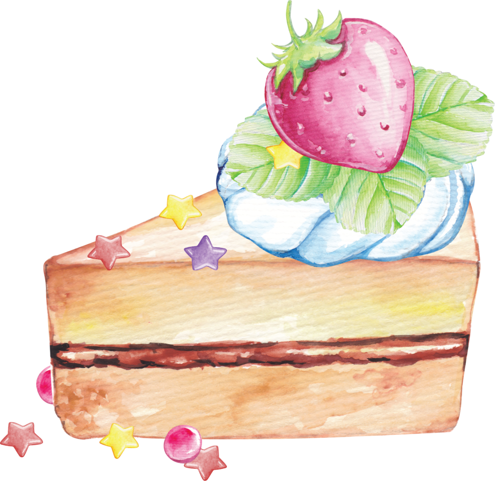 skiva av kaka med jordgubb och godis i vattenfärg png