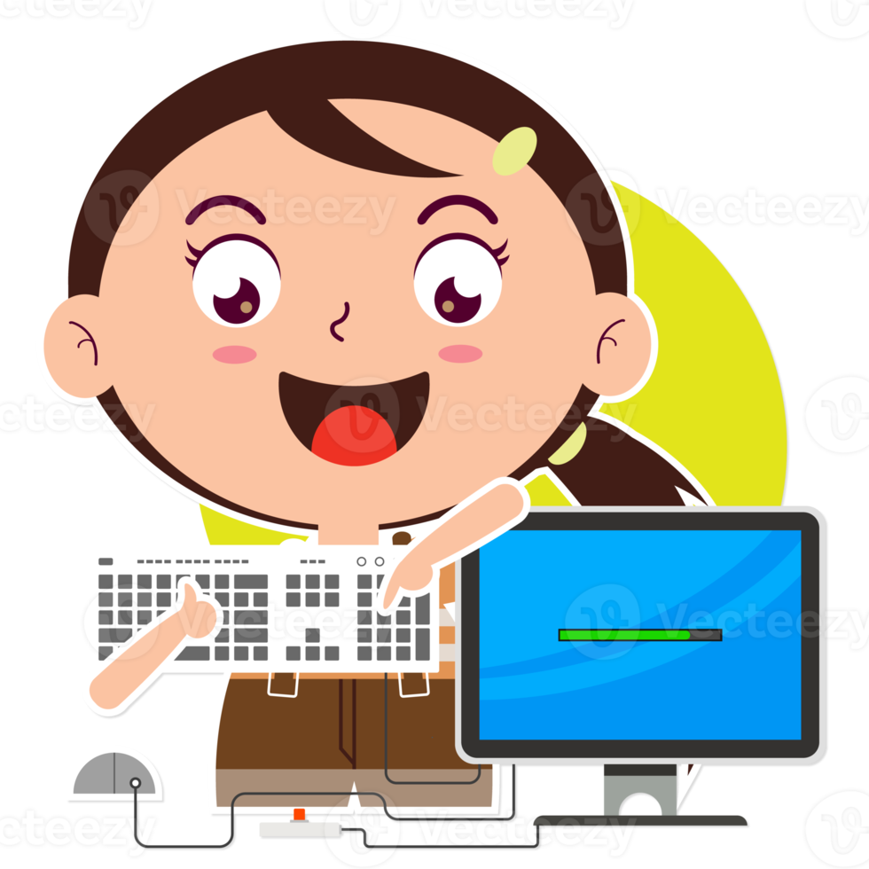 girl playing computer cartoon cute png