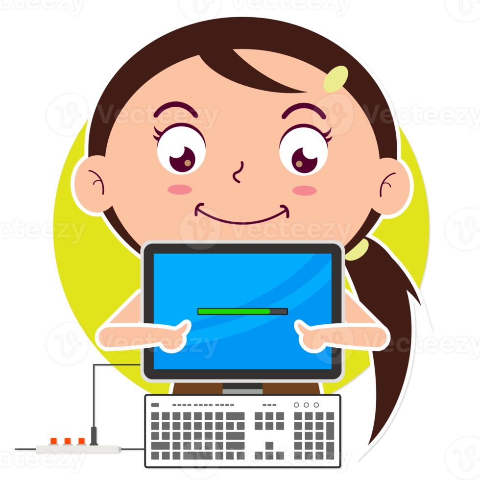 girl playing computer cartoon cute png