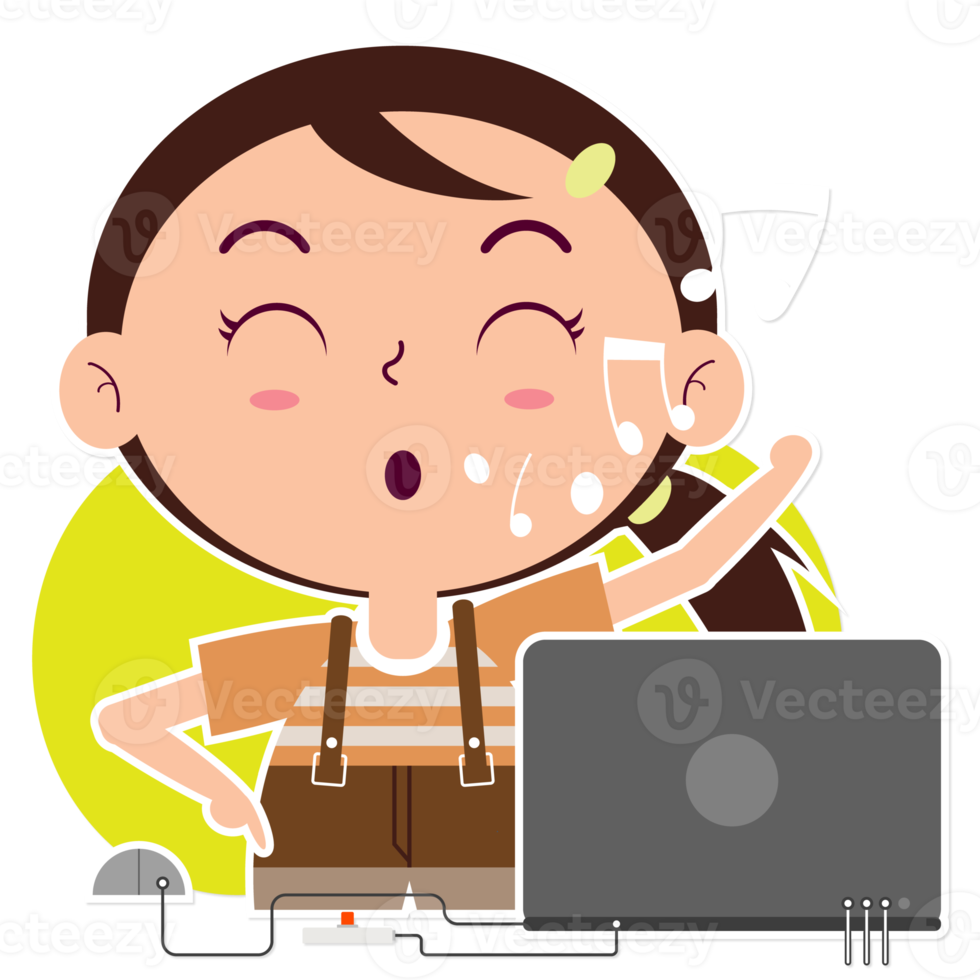 girl playing computer cartoon cute png