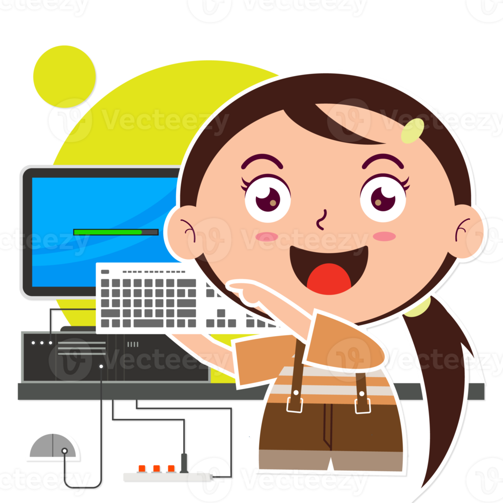 girl playing computer cartoon cute png