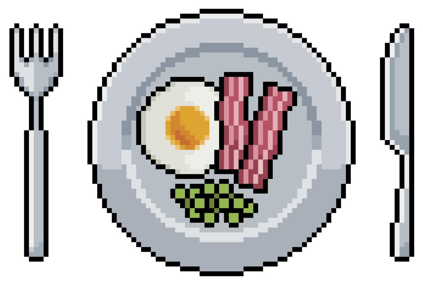 Pixel art plate with eggs, bacon, peas and cutlery vector icon for 8bit game on white background