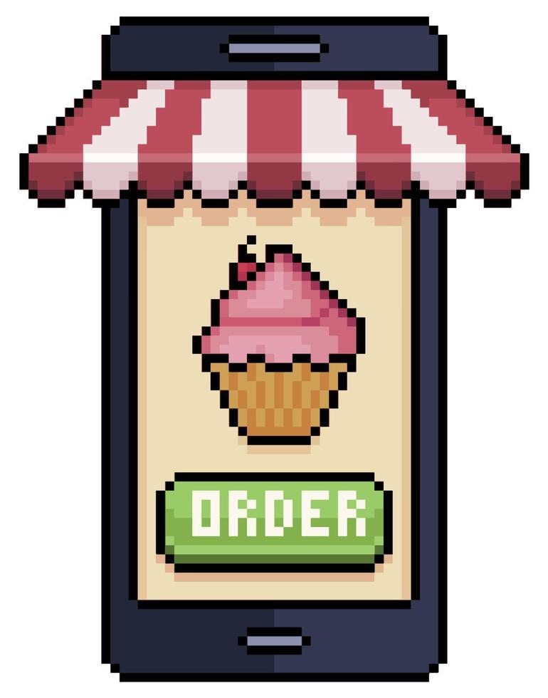 Pixel art mobile phone ordering cupcake in food app vector icon for 8bit game on white background
