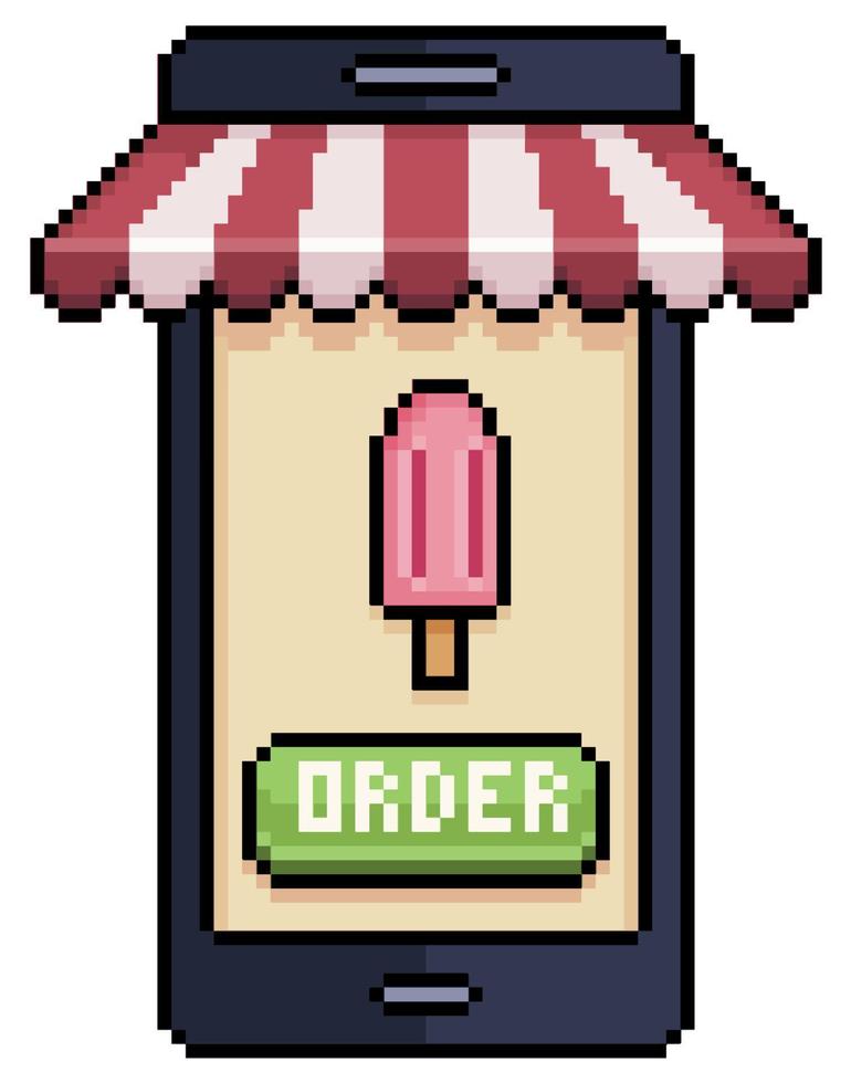 pixel art teléfono móvil pedido paletas en icono de vector de aplicación de alimentos para juego de 8 bits sobre fondo blanco