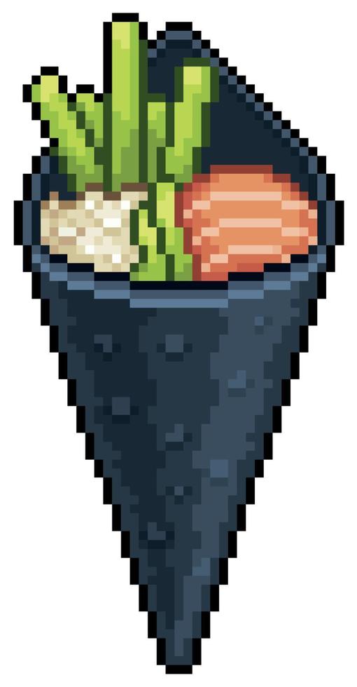 pixel art temaki sushi, icono de vector de comida japonesa para juego de 8 bits sobre fondo blanco