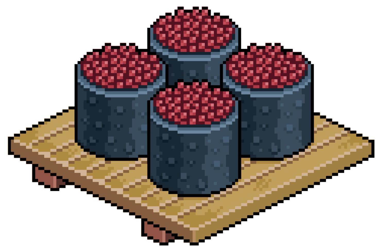 Pixel art ikura nigiri on wooden board for sushi vector icon for 8bit game on white background