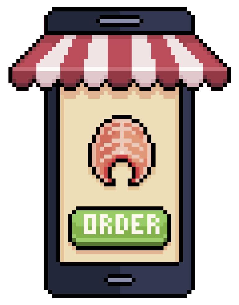 Pixel art mobile phone ordering salmon fillet in food app vector icon for 8bit game on white background