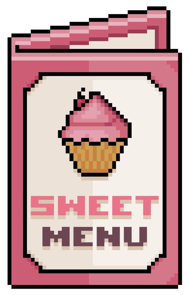 Pixel art sweet menu, paper menu vector icon for 8bit game on white background