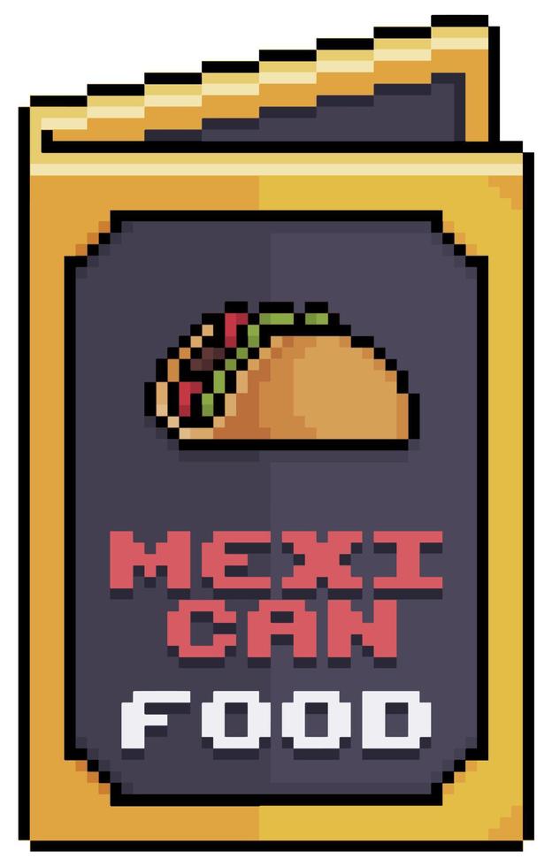 Pixel art mexican food menu, paper menu vector icon for 8bit game on white background