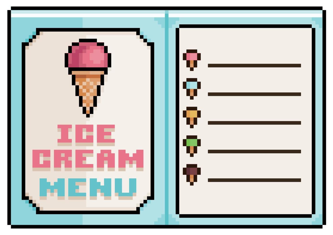 Pixel art ice cream menu, open paper menu vector icon for 8bit game on white background