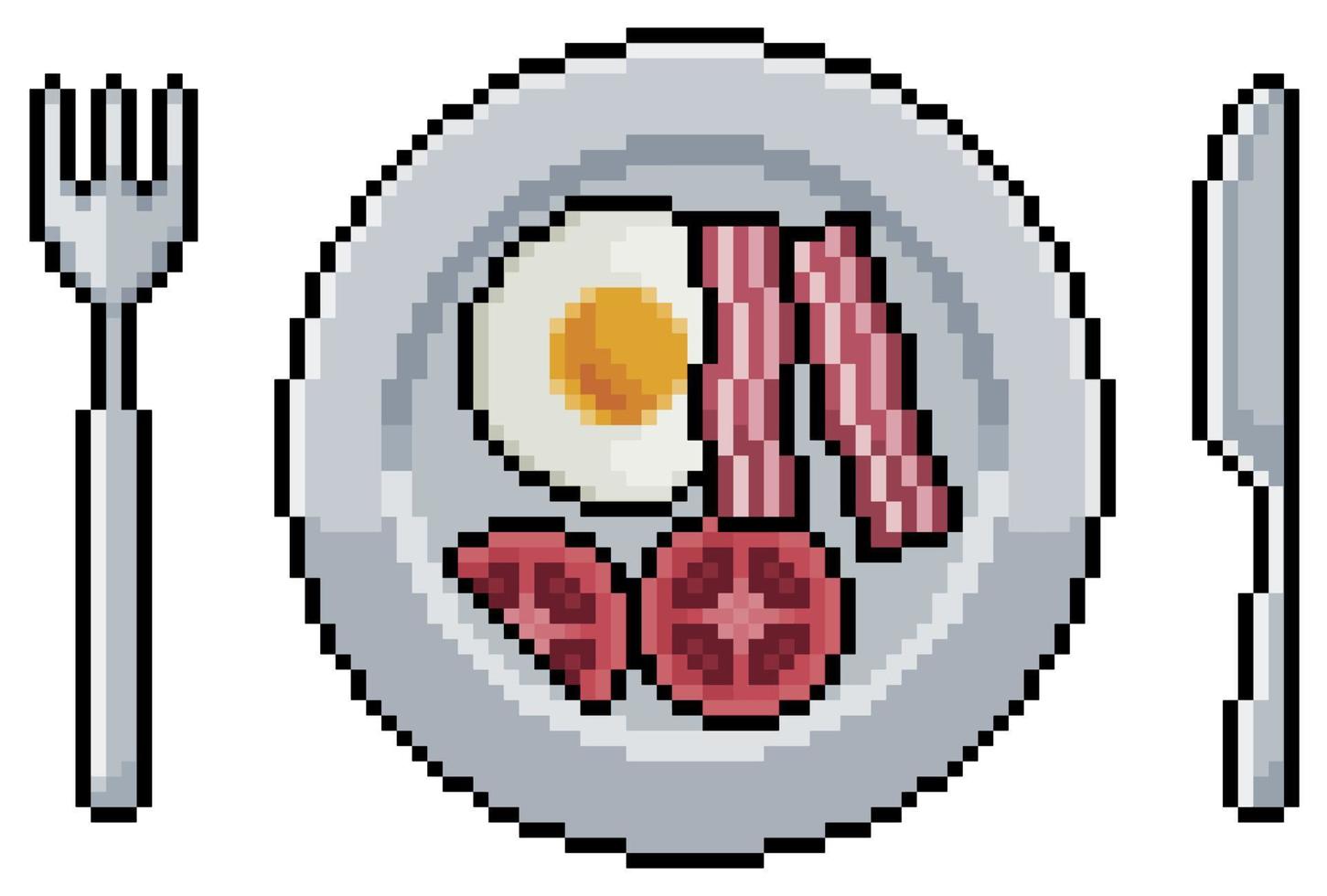 Pixel art plate with eggs, bacon, tomatoes and cutlery vector icon for 8bit game on white background