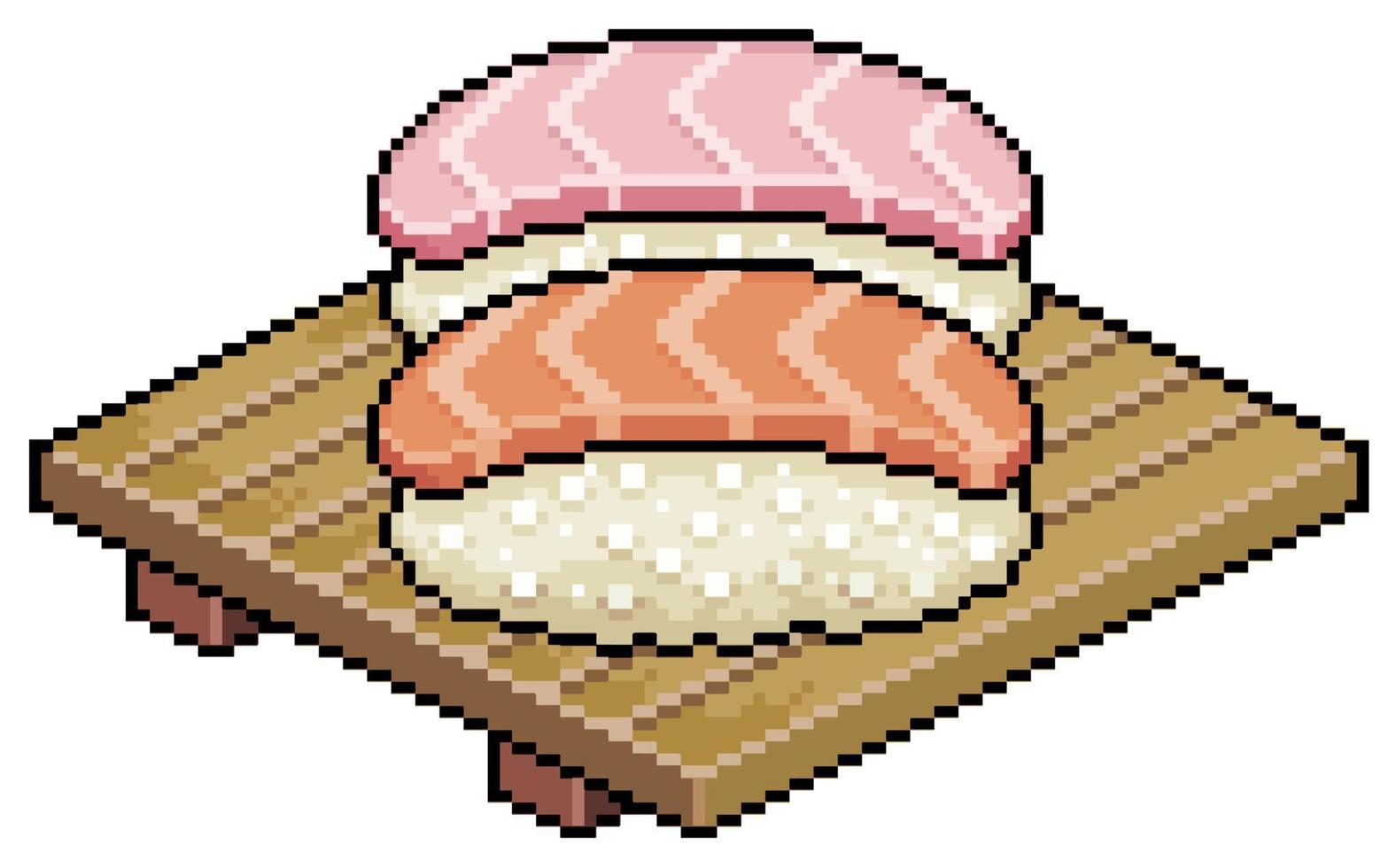 Pixel art sake nigiri and tai nigiri on wooden sushi board vector icon for 8bit game on white background