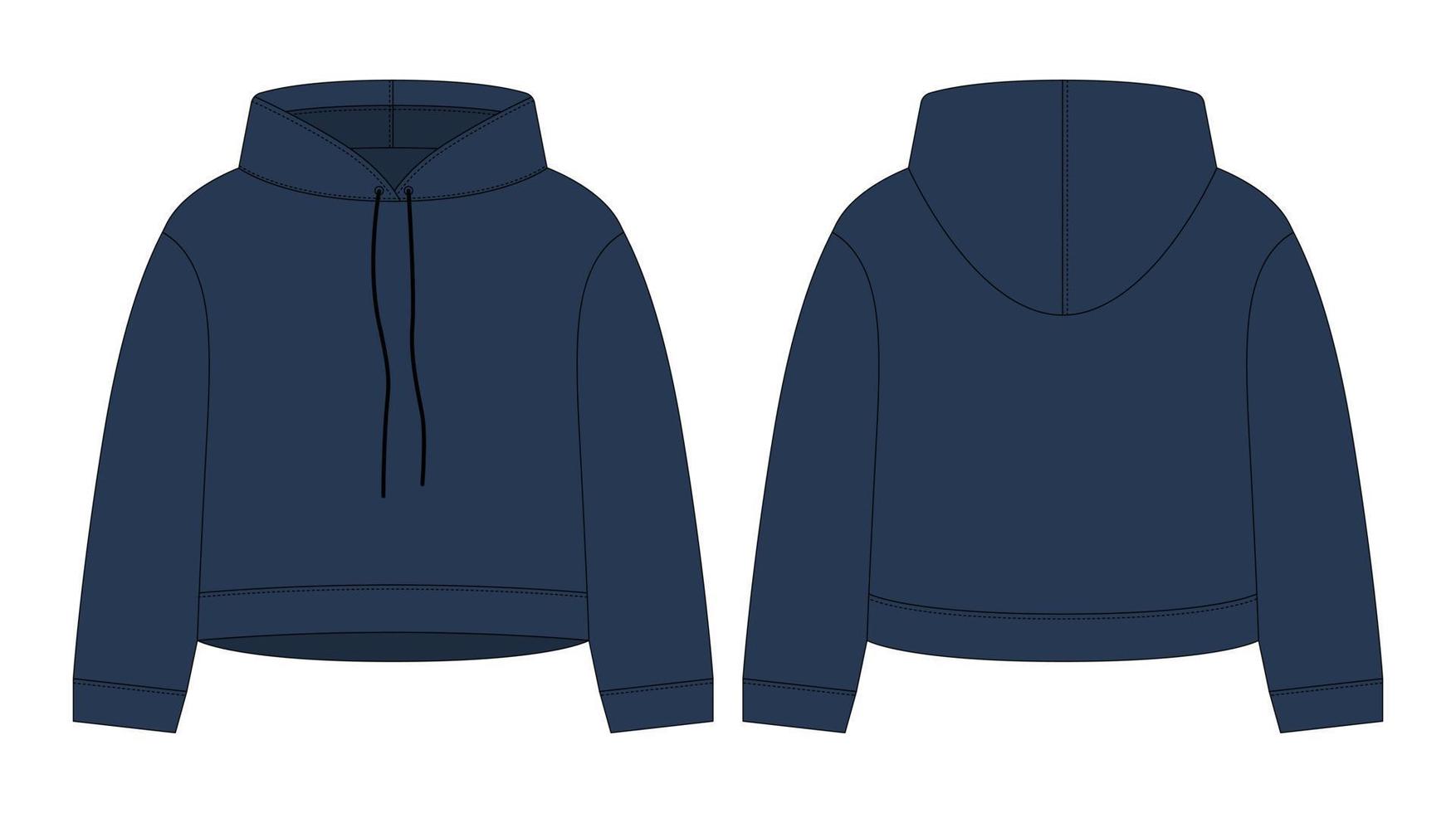 Women crop hoodie technical sketch. Dark blue color. CAD mockup template hoody. vector