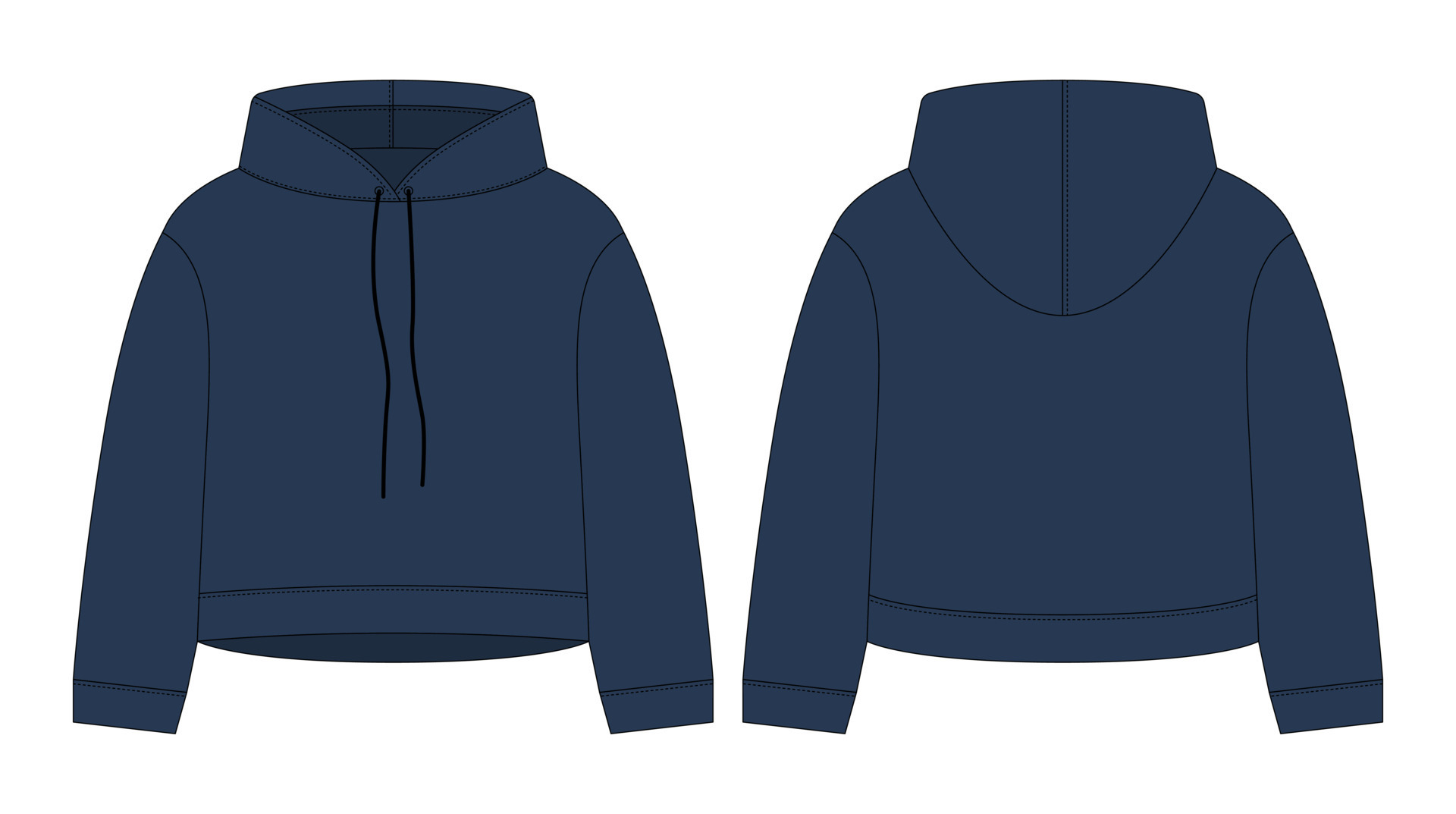 Women crop hoodie technical sketch. Dark blue color. CAD mockup ...