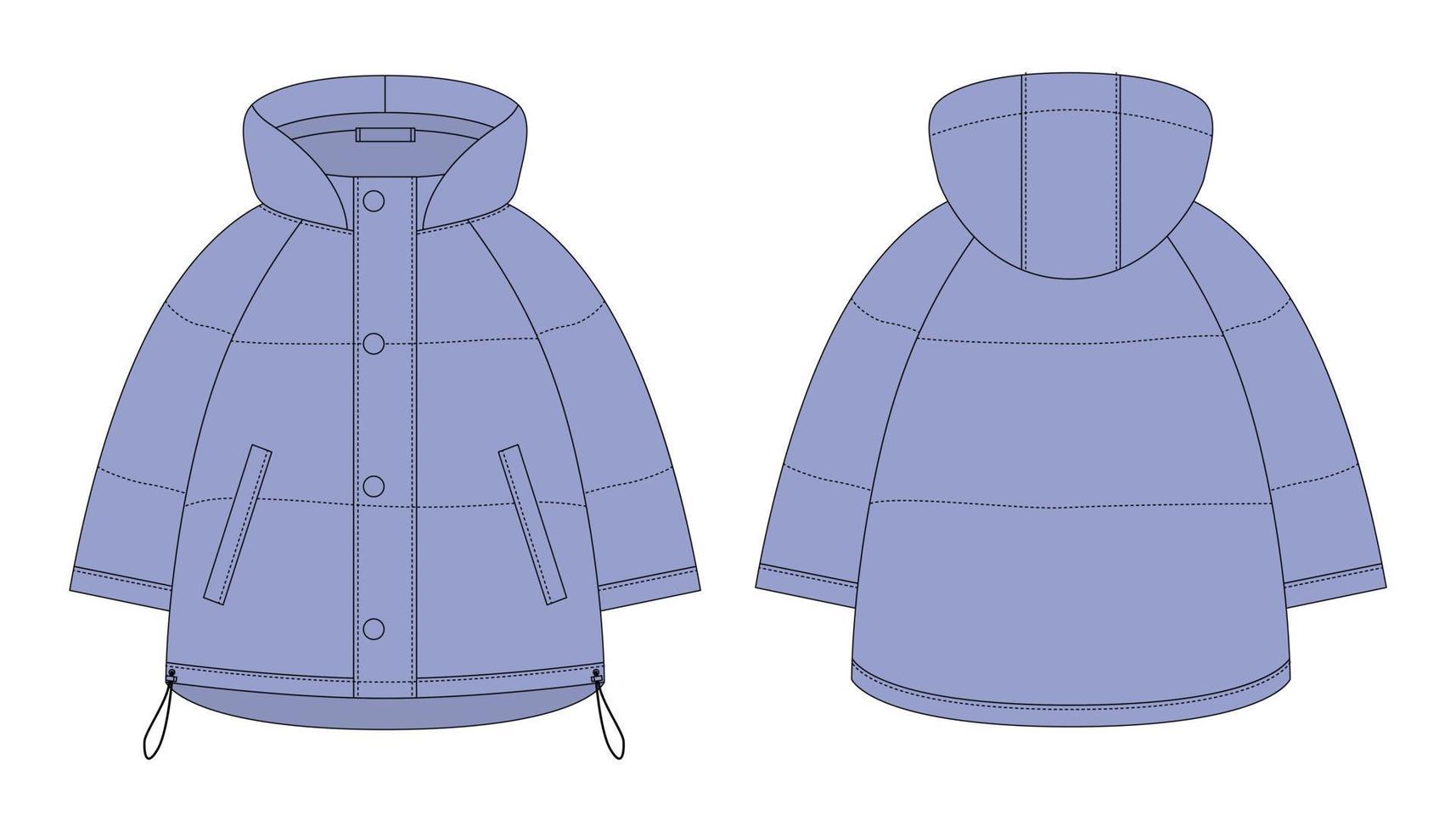 Dibujo técnico del abrigo de plumón de invierno con plumífero raglán de gran tamaño. color azul fresco. plantilla de diseño de chaqueta acolchada para mujer vector