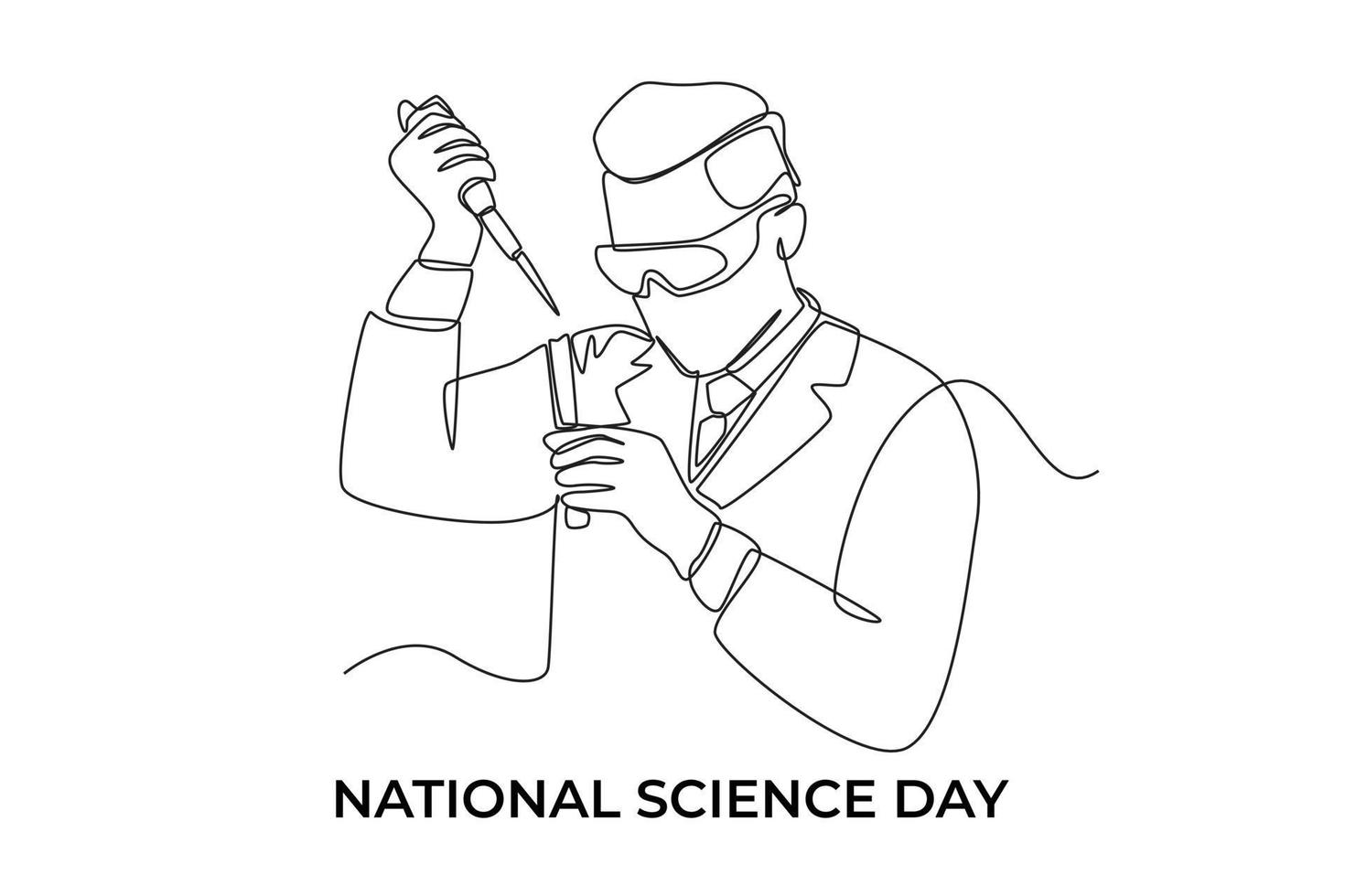 Single one line drawing young male scientist conducting experiment with test tubes. Science day concept. Continuous line draw design graphic vector illustration.