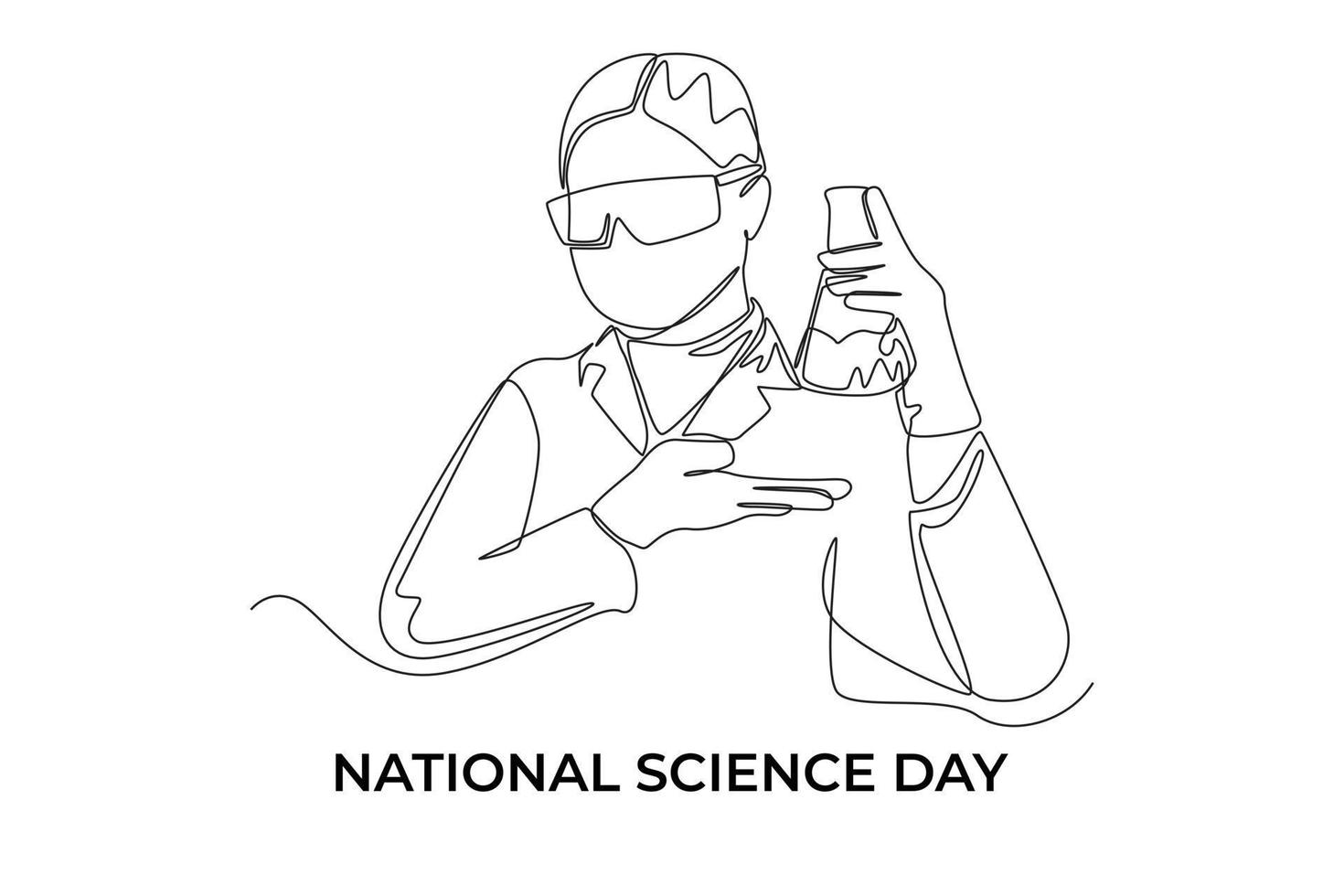 Single one line drawing young male scientist showing lab result in a laboratory. Science day concept. Continuous line draw design graphic vector illustration.
