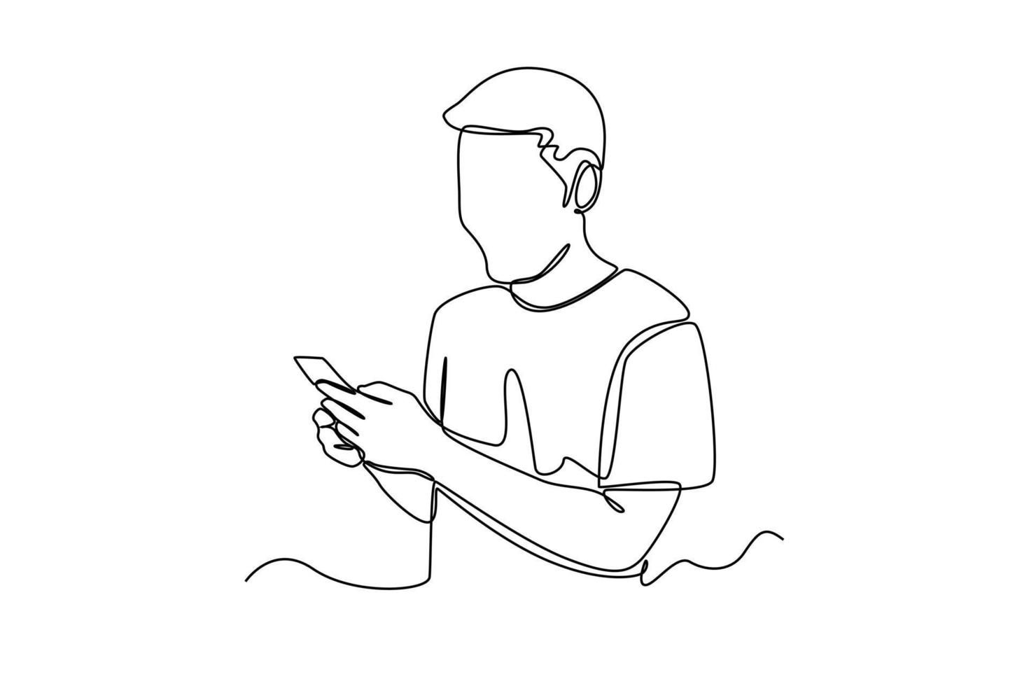 Continuous one line drawing happy young man typing in smartphone. Communication concept. Single line draw design vector graphic illustration.