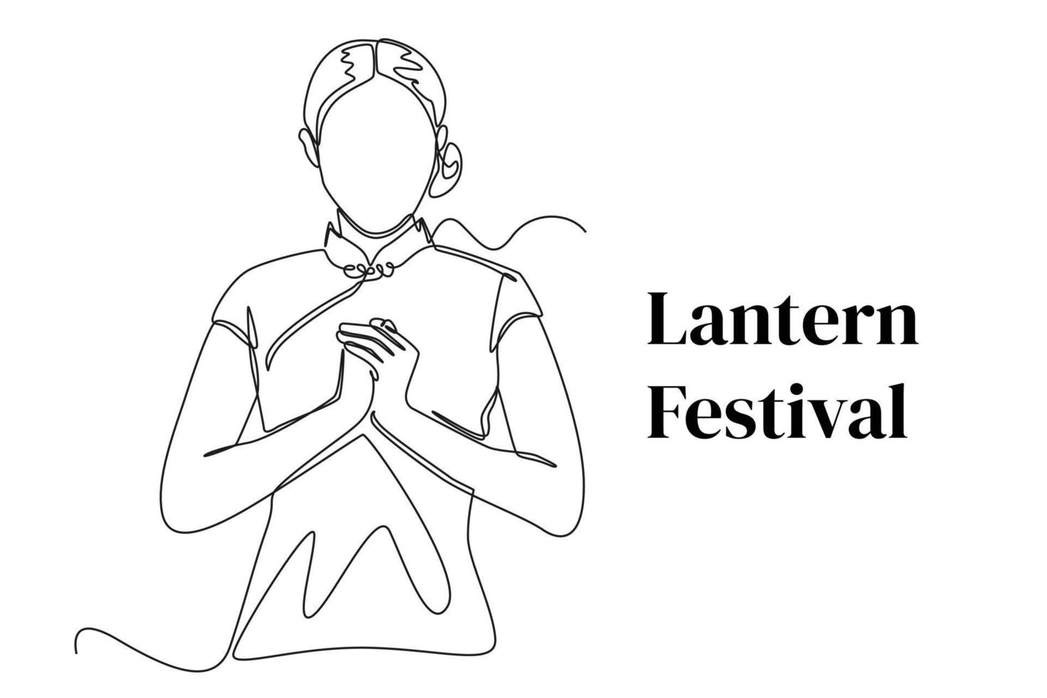 Continuous one line drawing happy young asian woman in chinese traditional clothing celebrate lantern festival. Lantern festival concept. Single line draw design vector graphic illustration.