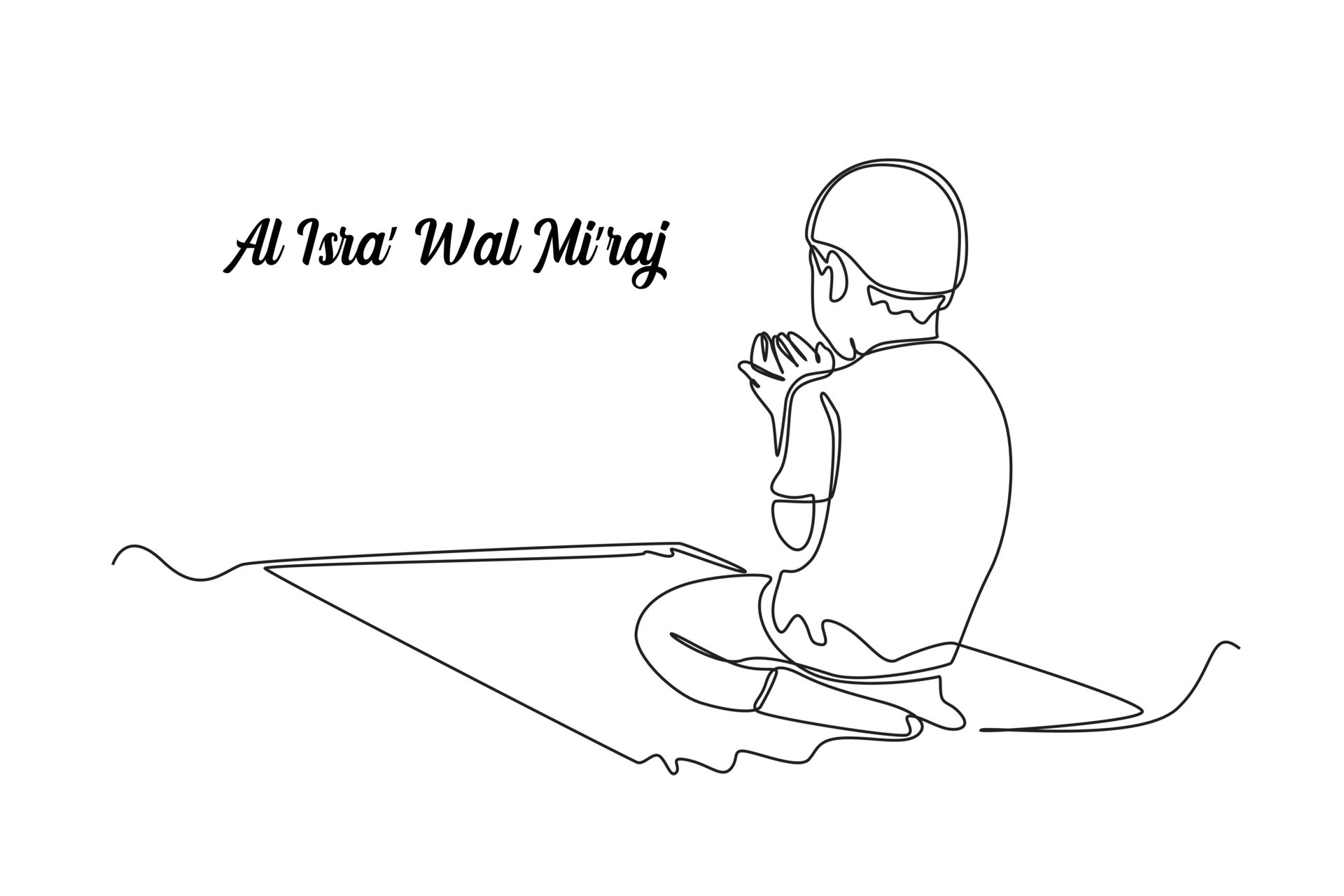 Continuous one line drawing back view boy muslim praying with hands