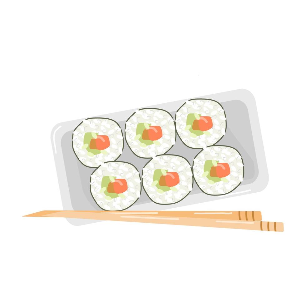 avocado rolls on bamboo rice sticks separately on a flat plate with chopsticks vector
