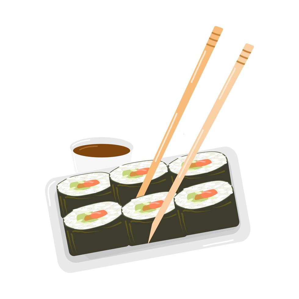 avocado rolls on bamboo rice sticks separately on a flat plate on a white background vector