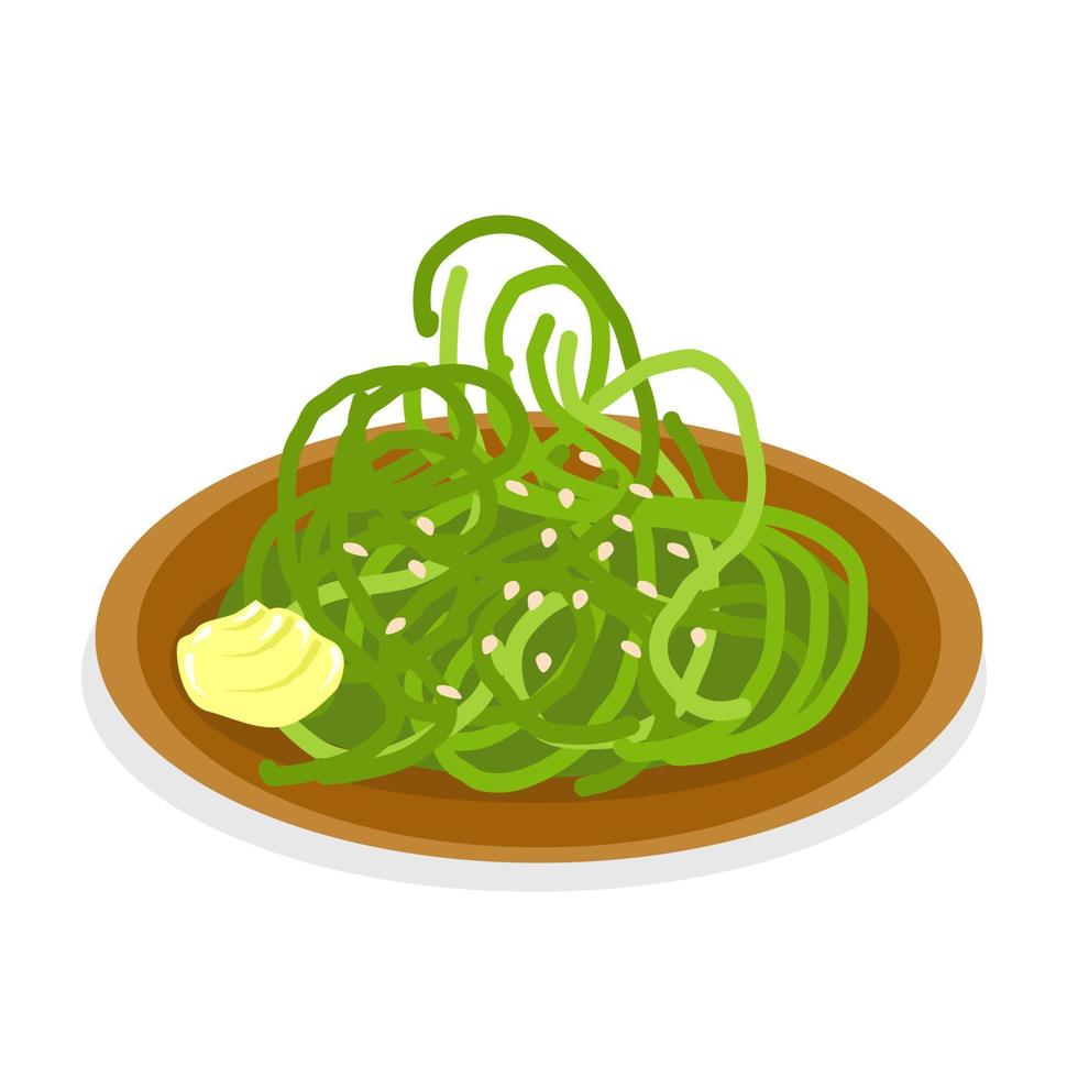 chuka salad green seaweed on a plate with sauce vector