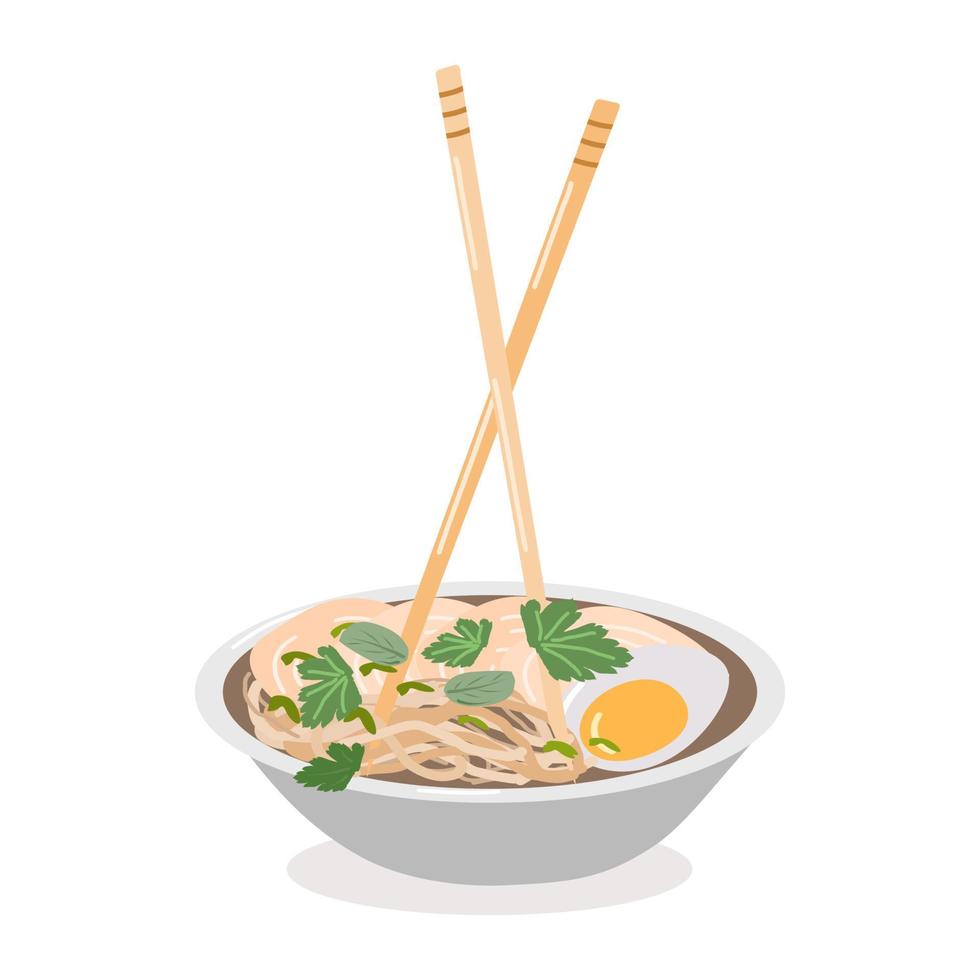 ramen es una sopa tradicional con fideos y carne en un plato vector