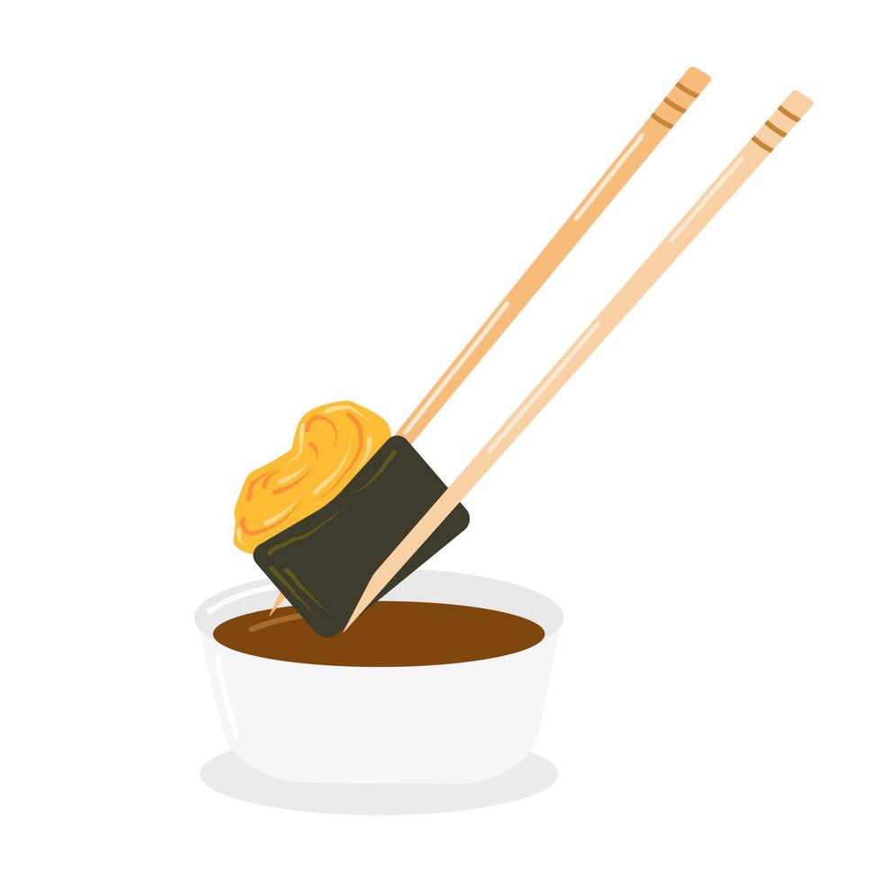 gunkan on sticks dipped in soy sauce close-up on a white background vector