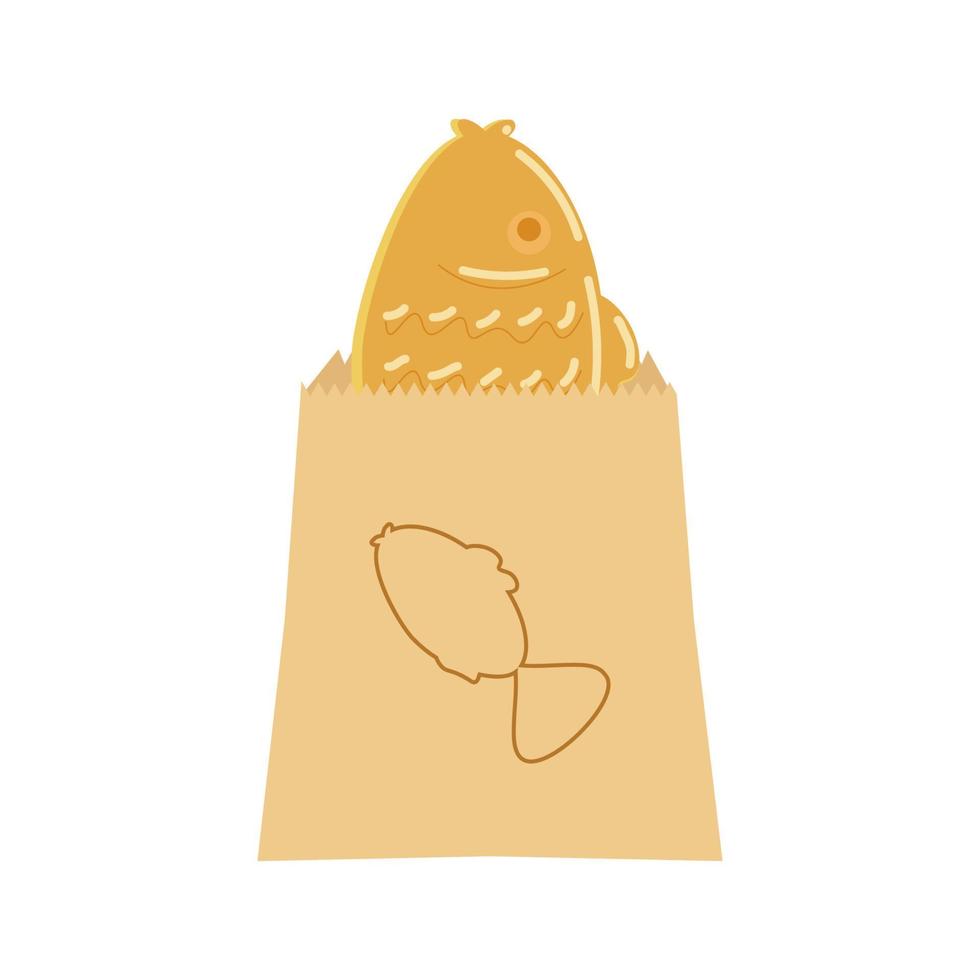 Taiyaki in the shape of a fish wrapped in a branded paper bag vector