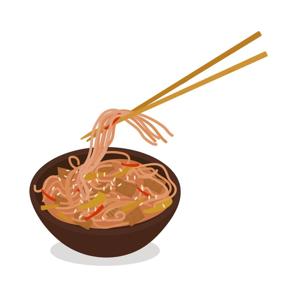 Soba buckwheat noodles with chicken and vegetables on sticks vector