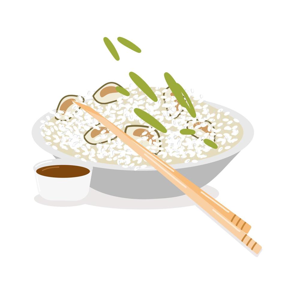 arroz con mejillones con cebollas verdes un plato con palos de bambú vector