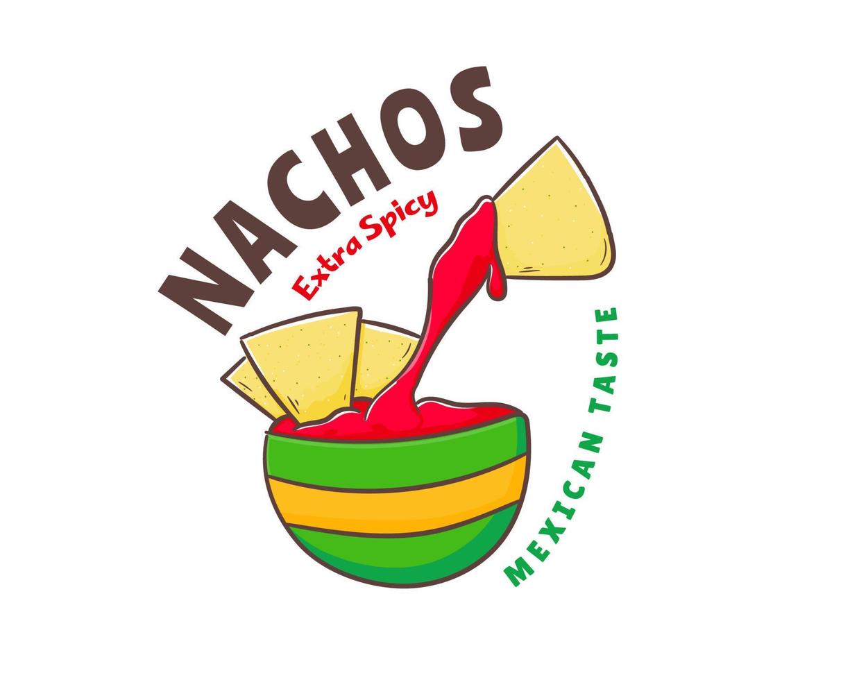 chips de maíz nachos con salsa de salsa y vector de logotipo de dibujos animados de chile rojo picante. chips de tortilla de maíz mexicano con salsa dip aislado en un fondo blanco.