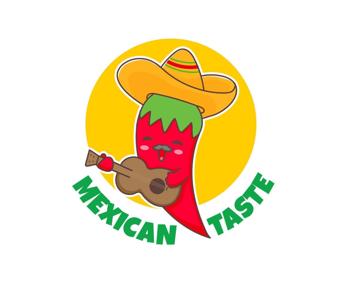 Red Chili Pepper with Yellow Sombrero Plays Guitar Funny Cartoon Character. vector