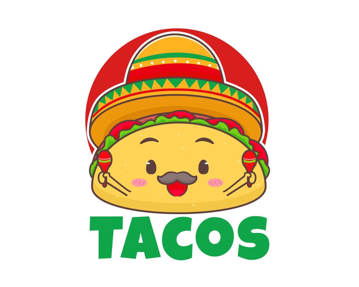 Cute tacos cartoon character. Mexican traditional street food. Fast food logo mascot illustration. Flat Cartoon Style. vector