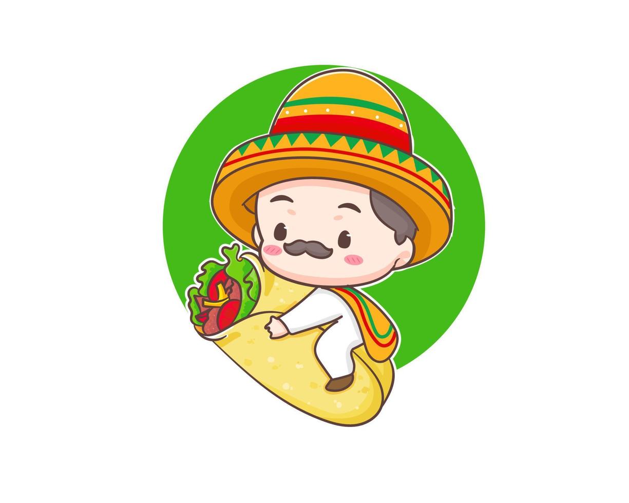 lindo chef mexicano con personaje de dibujos animados de sombrero sombrero. ilustración del logotipo del icono de burrito. comida callejera tradicional mexicana. vector