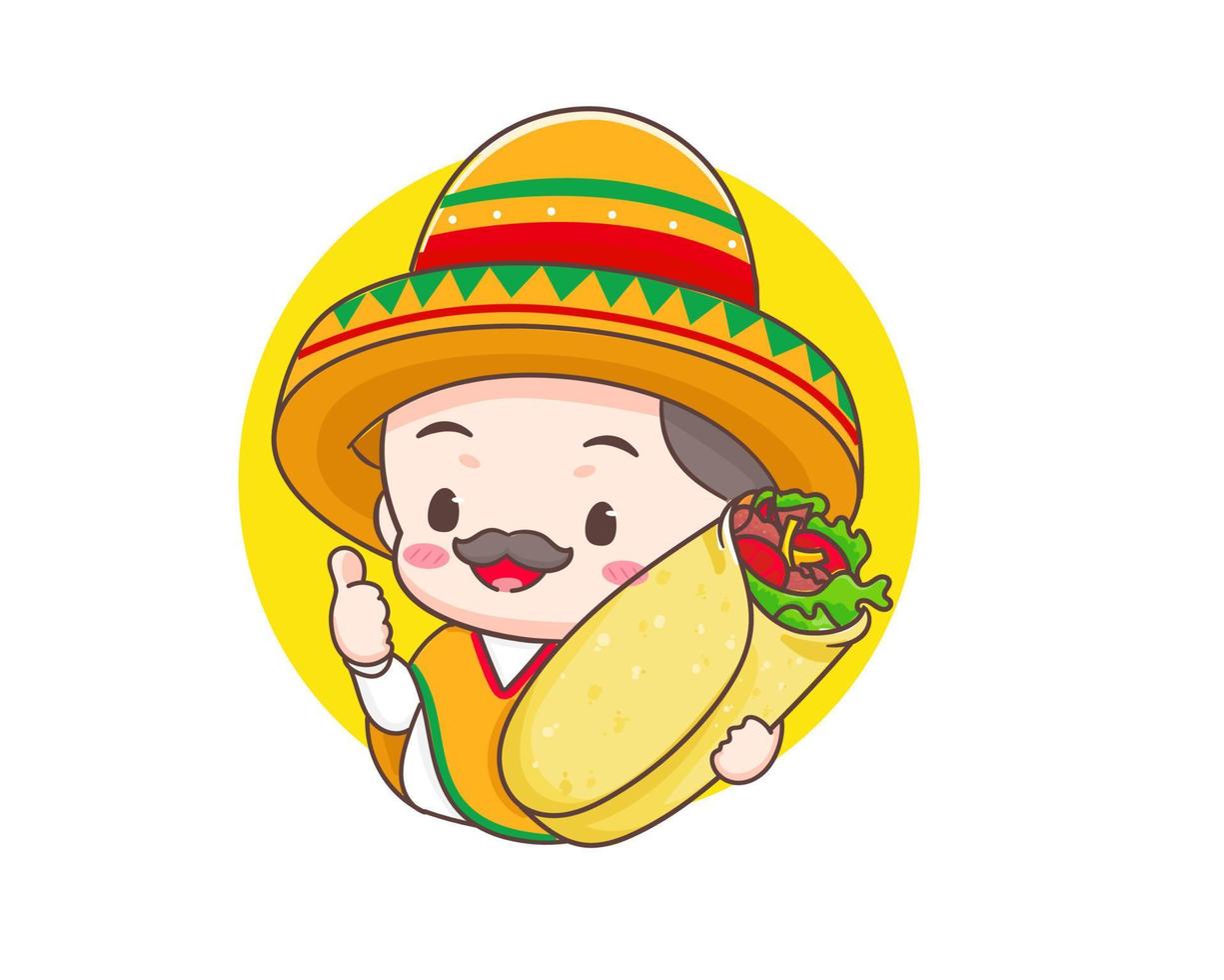 lindo chef mexicano con personaje de dibujos animados de sombrero sombrero. ilustración del logotipo del icono de burrito. comida callejera tradicional mexicana. vector