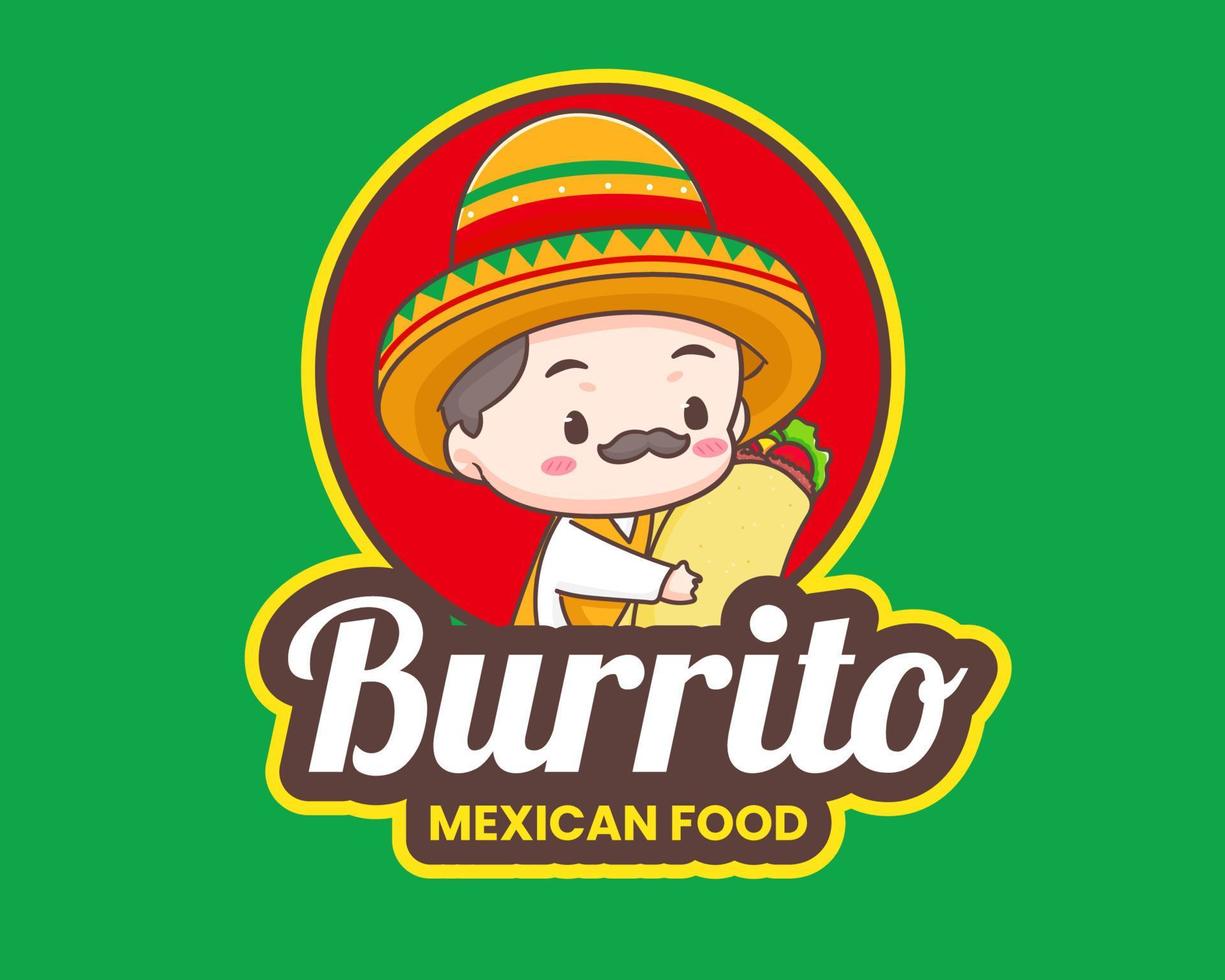 lindo chef mexicano con sombrero sombrero personaje de dibujos animados. ilustración del logotipo del icono de burrito. comida callejera tradicional mexicana. vector