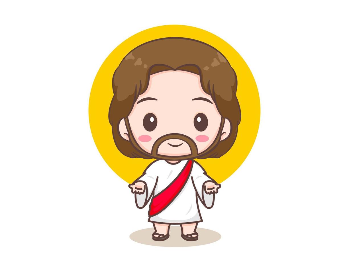 lindo jesucristo con el personaje de dibujos animados de manos abiertas. personaje chibi dibujado a mano, imágenes prediseñadas, pegatina, fondo blanco aislado. biblia cristiana para niños. mascota logo icono vector arte ilustración