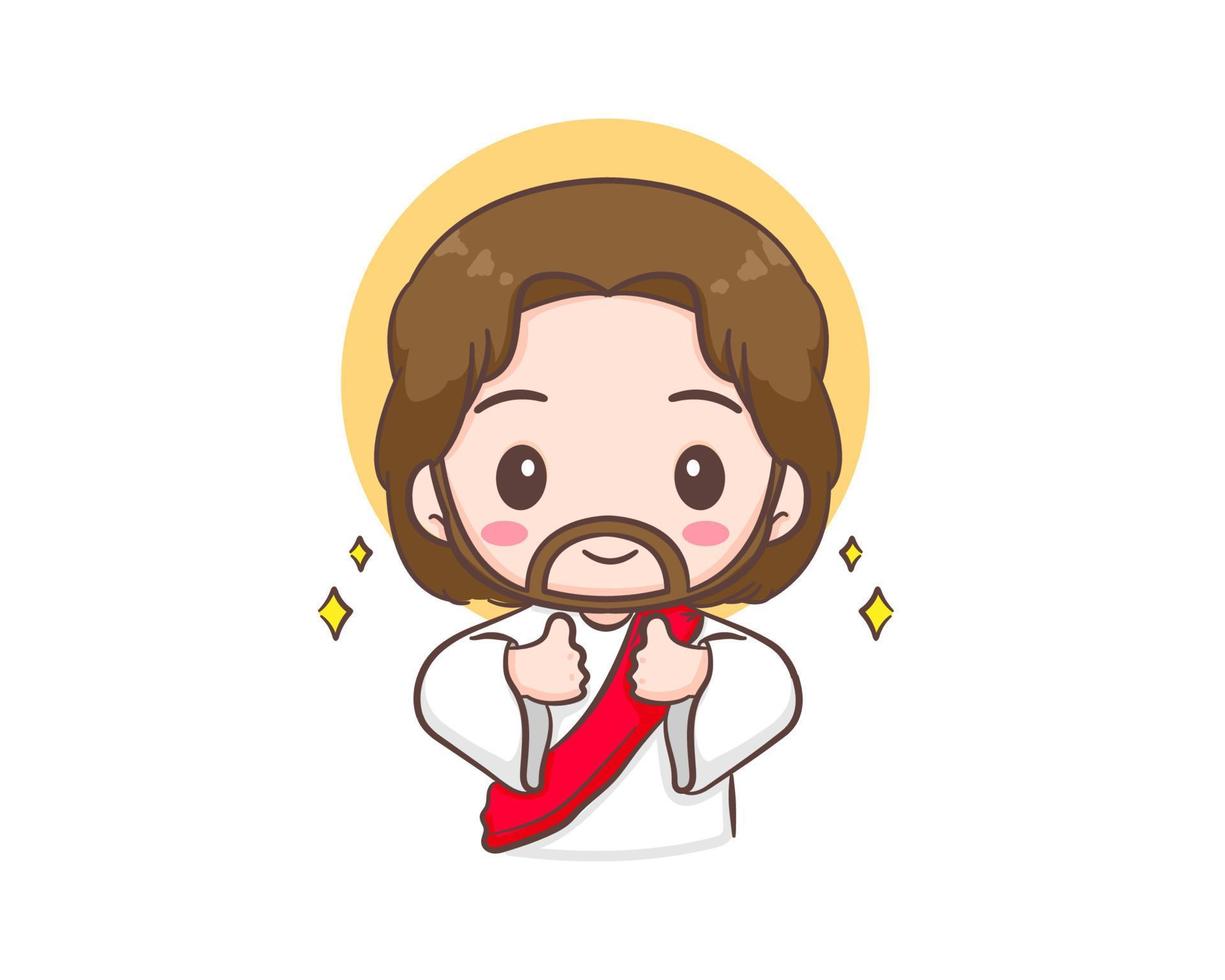 Cute Jesus Christ showing thumbs up cartoon character. Hand drawn Chibi character, clip art, sticker, isolated white background. Christian Bible for kids. Mascot logo icon vector art illustration