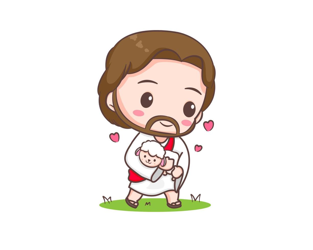Cute Jesus Christ hugs the sheep cartoon character. Hand drawn Chibi character, clip art, sticker, isolated white background. Christian Bible for kids. Mascot logo icon vector art illustration