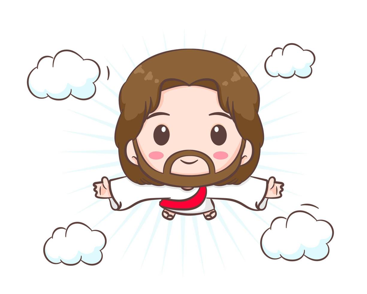 Cute Jesus Christ cartoon character. Hand drawn Chibi character, clip art, sticker, isolated white background. Ascension Day of Jesus. Mascot logo icon vector art illustration