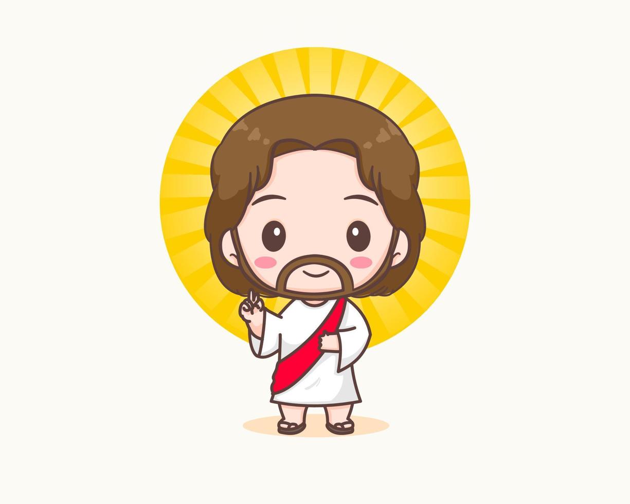 lindo jesucristo con personaje de dibujos animados de mano de bendición. personaje chibi dibujado a mano, imágenes prediseñadas, pegatina, fondo blanco aislado. biblia cristiana para niños. mascota logotipo icono vector arte ilustración