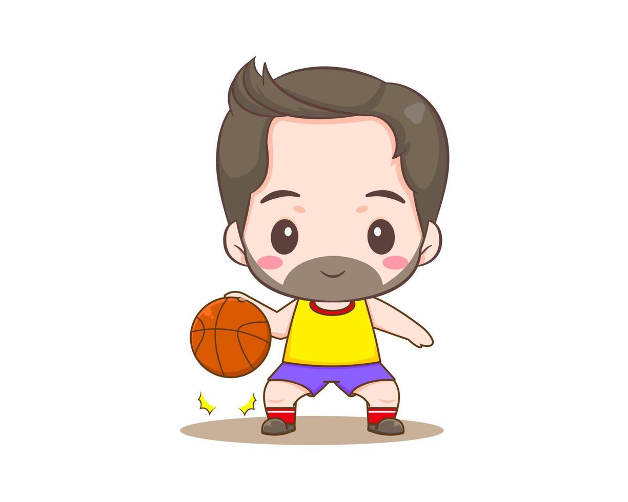 personaje de dibujos animados de hombre lindo. hombre jugando baloncesto chibi ilustración. vector