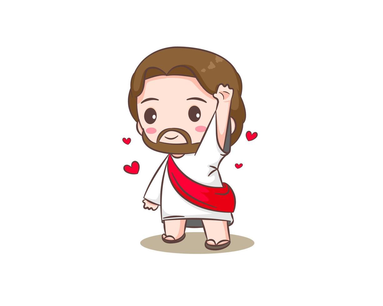 Cute Jesus Christ cartoon with greeting hand. Hand drawn Chibi ...