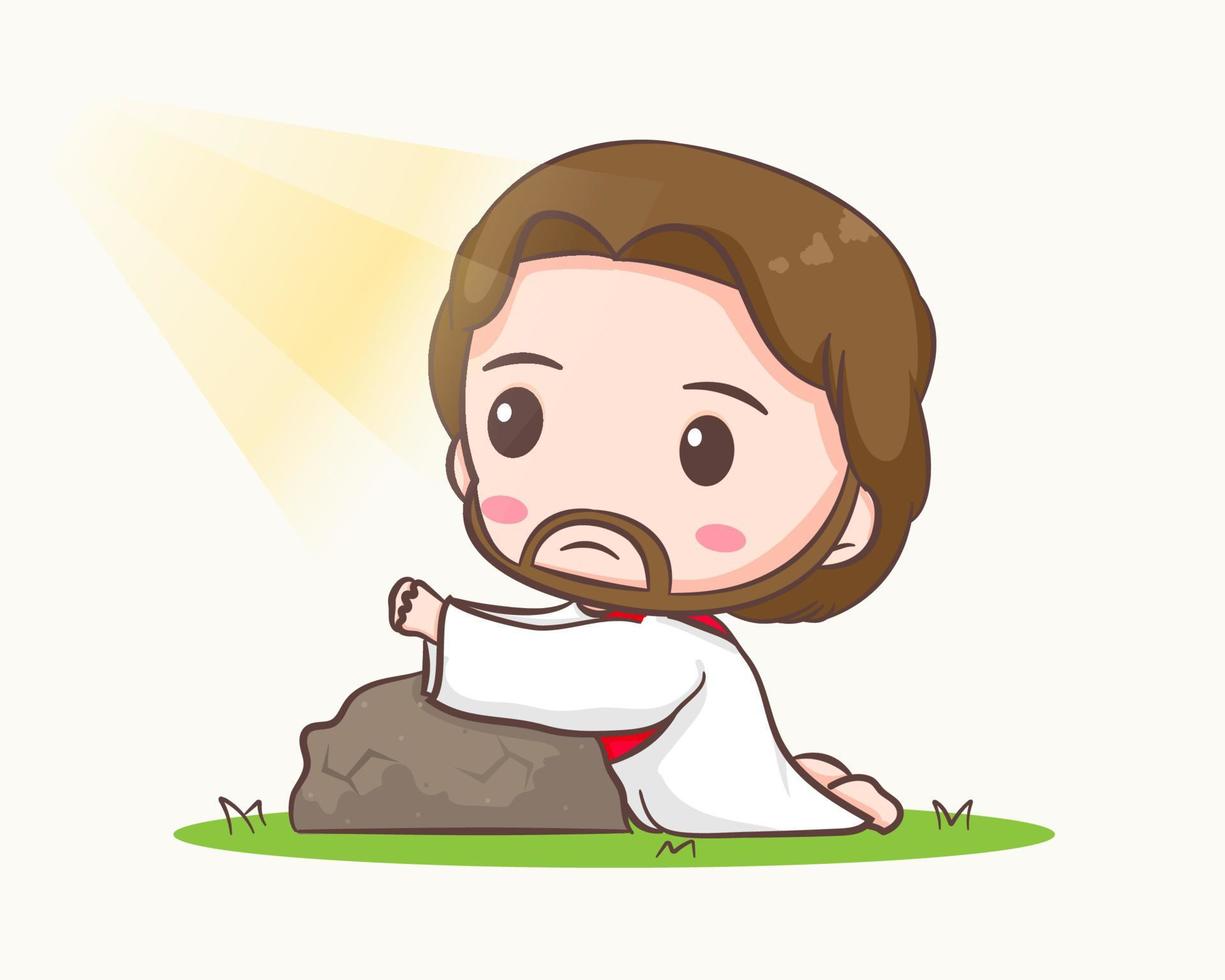 Cute Jesus Christ kneel down praying in garden cartoon character. Hand drawn chibi character, clip art, sticker, isolated white background. Mascot logo icon vector art illustration