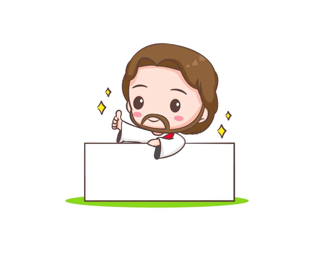 lindo personaje de dibujos animados de jesucristo sosteniendo una cartelera vacía que muestra el pulgar hacia arriba. personaje chibi dibujado a mano, imágenes prediseñadas, pegatina, fondo blanco aislado. mascota logotipo icono vector arte ilustración