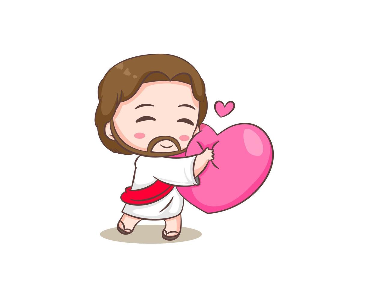 Cute Jesus Christ cartoon character hugging big love heart. Hand drawn Chibi character, clip art, sticker, isolated white background. Christian Bible for kids. Mascot logo icon vector art illustration